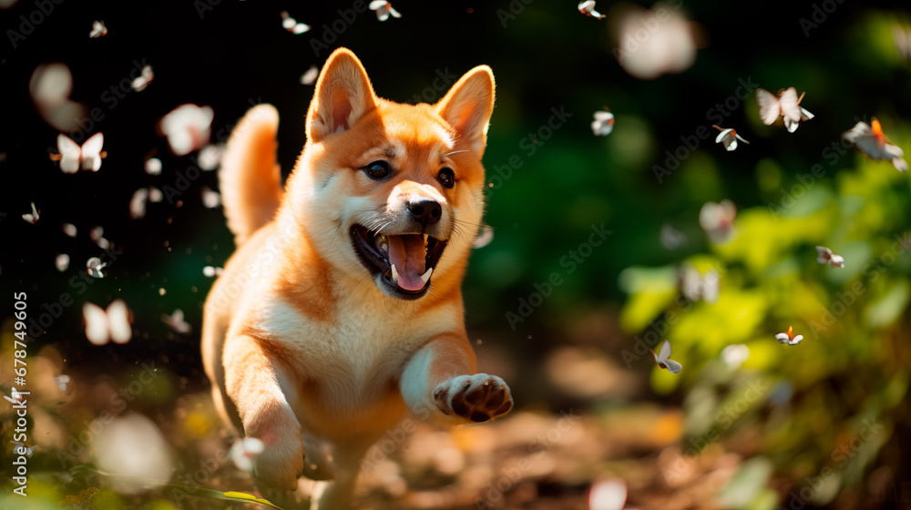 春の野原を走り回る子犬 春の野原を走り回る子犬