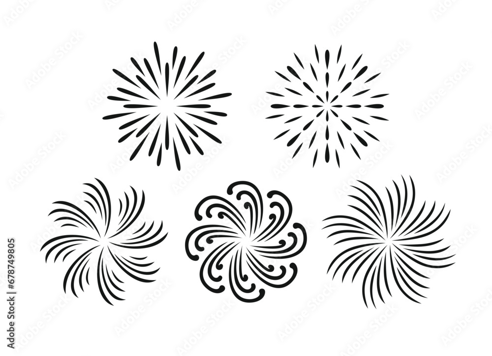Set of holiday fireworks. Vector illustration of firecrackers of different shapes isolated on white. Simple flat style.