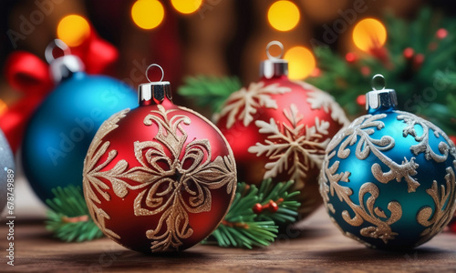 Gorgeously decorated colorful Christmas balls.