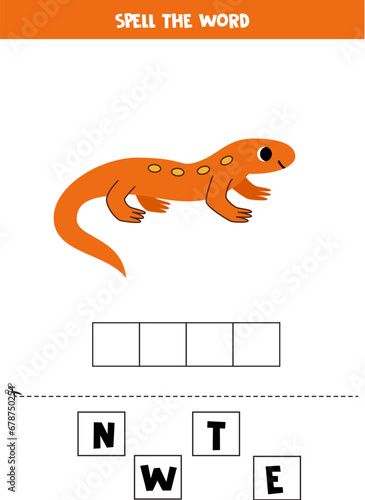 Spelling game for preschool kids. Cute cartoon newt.