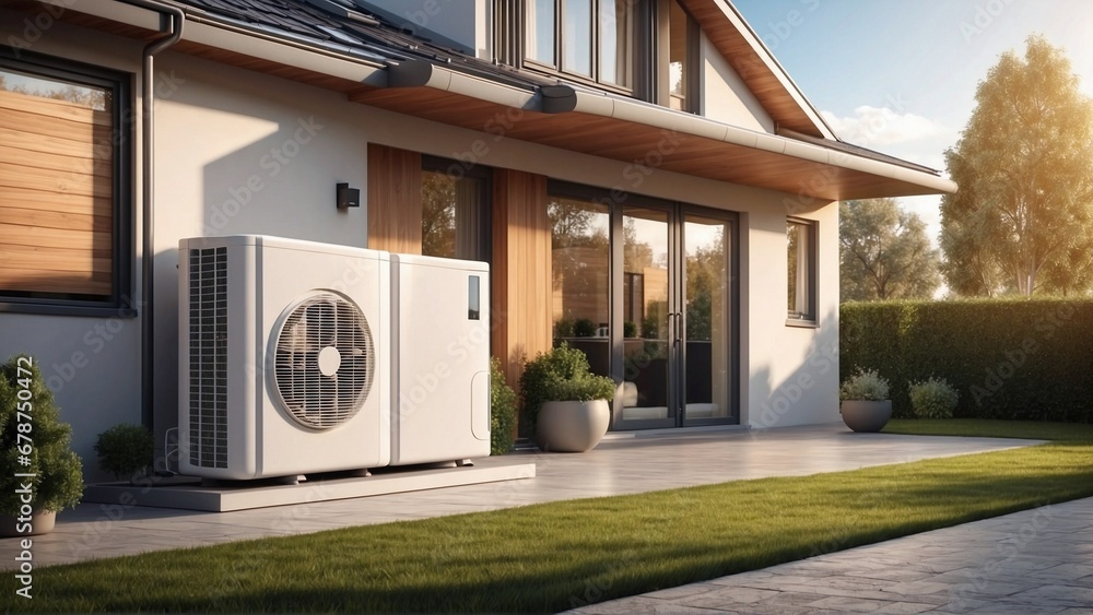 Air source heat pump installed in residential green house or building