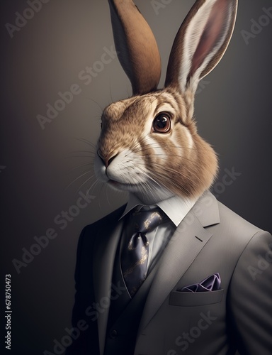 Hare is dressed elegantly in a suit with a lovely tie. An anthropomorphic animal poses for a fashion photograph with a charming human attitude. © Logo