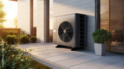 Air source heat pump installed in residential green house or building. climate heat pump. environmentally friendly heating concept. eco-friendly & sustainable heating and cooling.  photo
