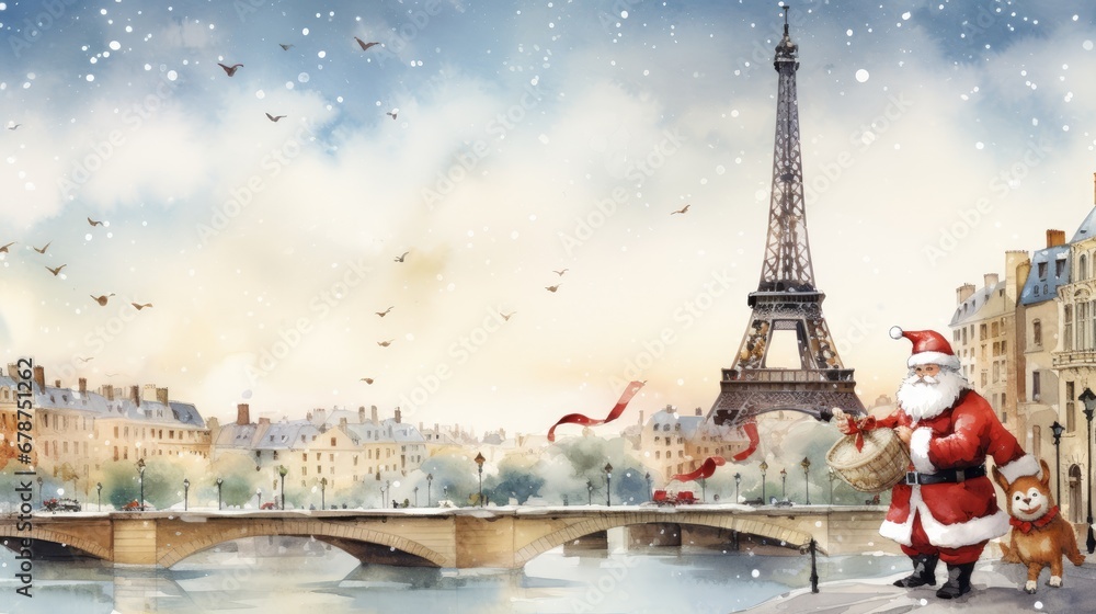  a painting of a man dressed as santa holding a teddy bear in front of the eiffel tower and a snowy day in paris, with birds flying over the eiffel tower. - obrazy, fototapety, plakaty 