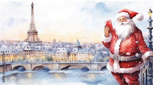  a painting of a man dressed as santa claus in front of the eiffel tower in paris, france, with the eiffel tower in the background.