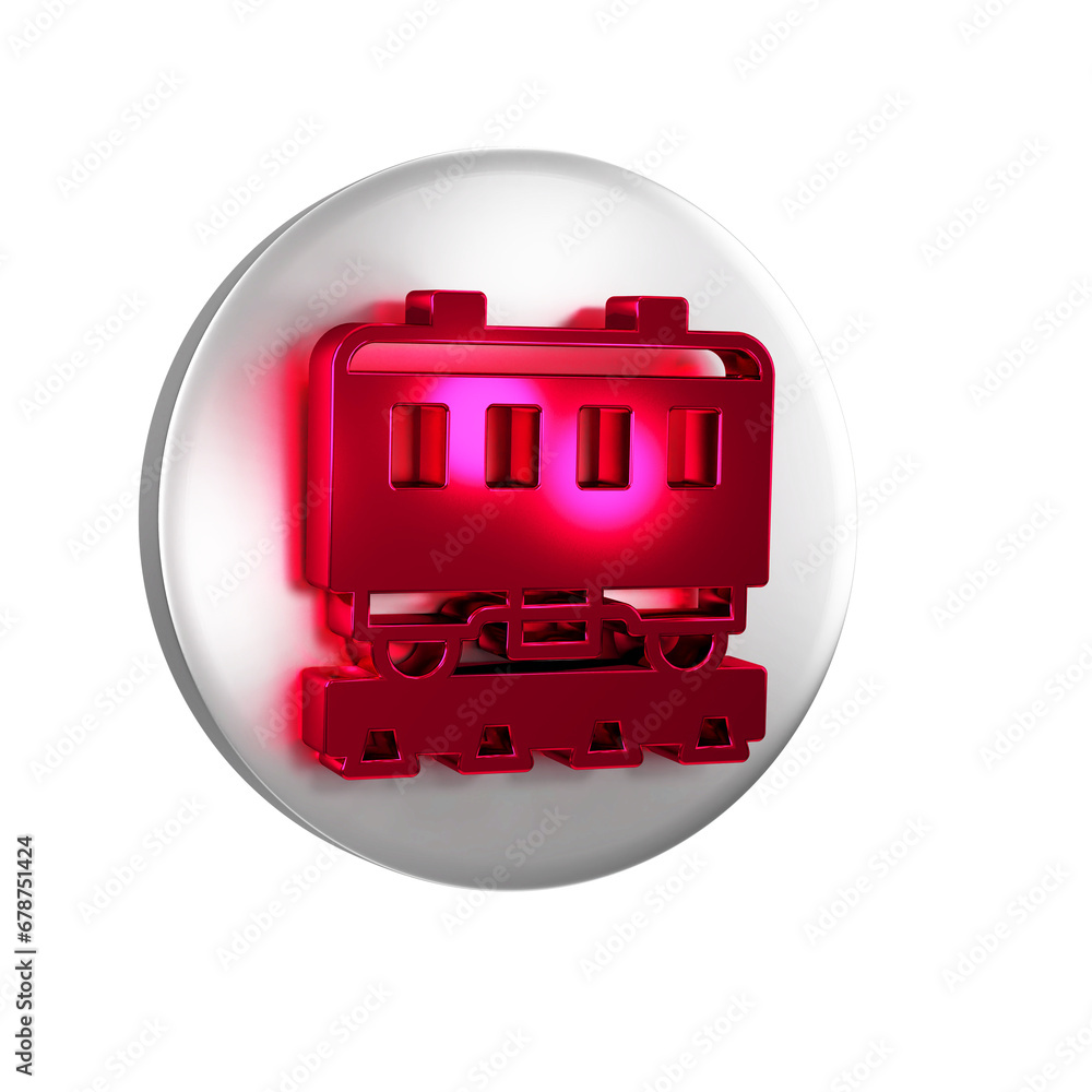 Fototapeta premium Red Passenger train cars icon isolated on transparent background. Railway carriage. Silver circle button.
