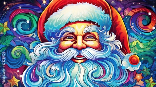  a close up of a painting of a santa clause with stars and swirls on a blue, purple, green, and red background with white swirls and red colors.