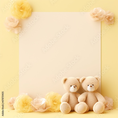 pastel yellow background template with 2 teddy bears, AIgenerated  © Chutikarn