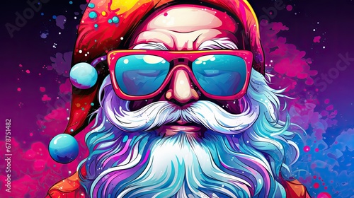 a digital painting of a santa clause wearing sunglasses and a santa hat with a beard and a beard, wearing a red and blue santa's hat and sunglasses.