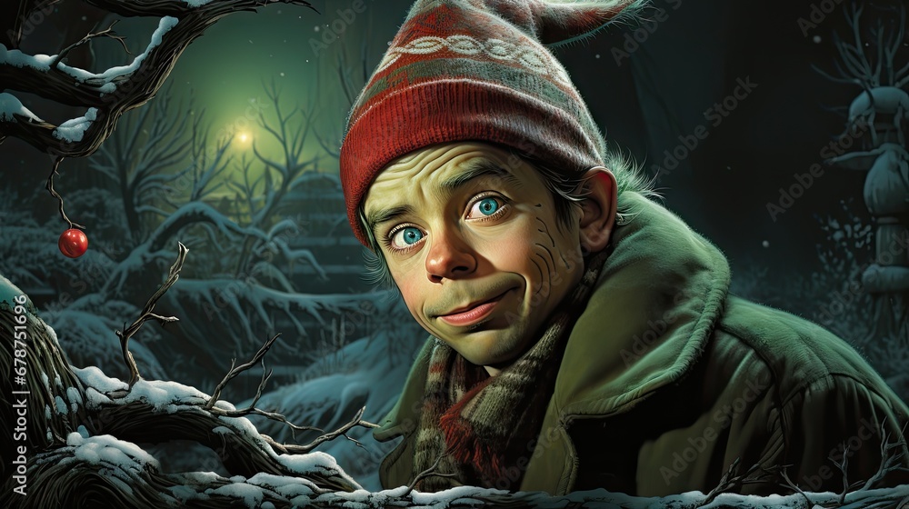  a painting of a man wearing a red hat and a green jacket in a snowy forest with a red ornament hanging from the top of his head and a red ornament.