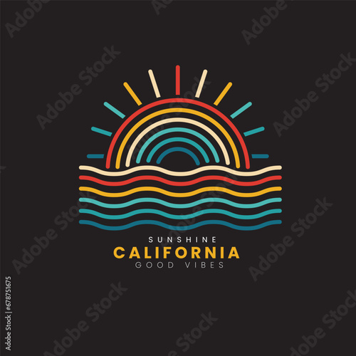 Retro vintage California sunset beach logo badges on black background graphics for t-shirts and other print production. 70s-style concept. Line art. Vector illustration for design.