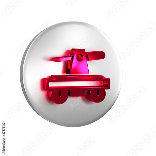 Red Draisine handcar railway bicycle transport icon isolated on transparent background. Silver circle button. photo