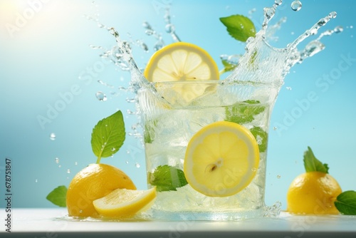 Lemon slices splash lemonade freshness close up