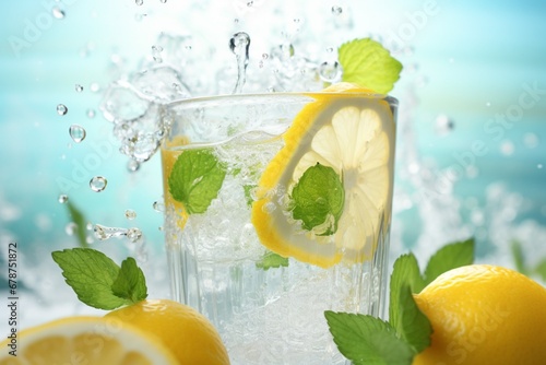 Lemon slices splash lemonade freshness close up