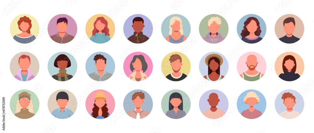  User avatars in circles. Collection of male and female human profile face icons. Unknown or anonymous person.  People portraits vector illustration.
 - obrazy, fototapety, plakaty 
