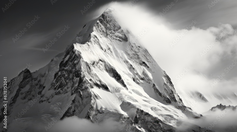  a black and white photo of the top of a mountain with clouds in the foreground and a black and white photo of the top of a mountain in the background.