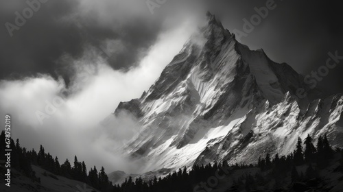  a black and white photo of a mountain with trees in the foreground and a cloudy sky in the background, with a few clouds in the foreground, in the foreground.