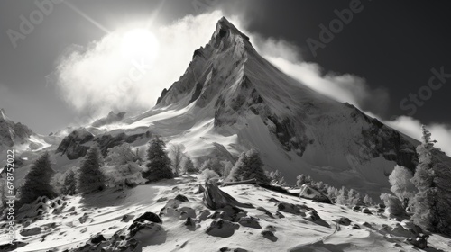  a black and white photo of the top of a snow covered mountain with trees in the foreground and the sun shining on the top of the mountain in the background.