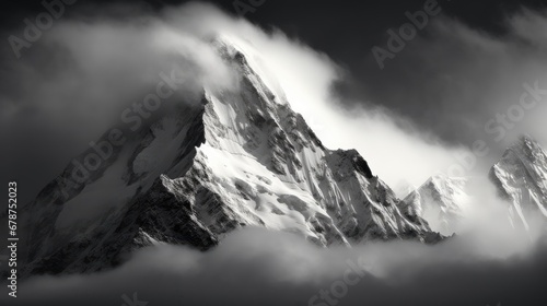  a black and white photo of the top of a mountain with clouds in the foreground and a black and white photo of the top of a mountain in the background. © Shanti