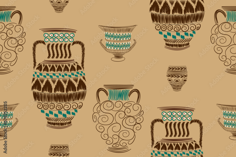 Ethnic pattern Greek vase meander motifs. Ancient pattern design seamless vector illustration on brown background. Hand drawn. Ethnic pattern Greek vase meander motifs. Ancient pattern design seamless vector illustration on brown background. Hand drawn.