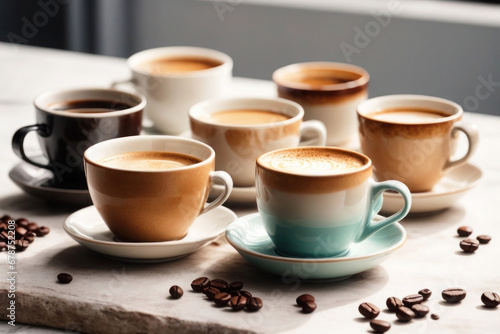 A beautiful image for coffee shops, cups of coffee of different shapes and colors stand on the table. A variety of drinks, coffee beans on a marble tabletop.