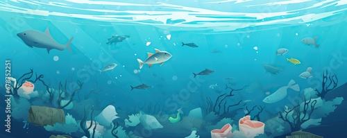 Plastic ocean pollution. Whale Shark filter feeds in polluted ocean  ingesting plastic. AI generated illustration