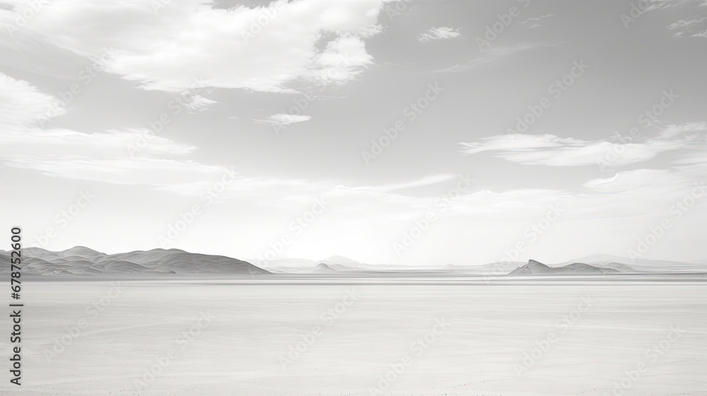  a black and white photo of a landscape with mountains in the distance and a person on a surfboard in the foreground with a body of water in the foreground.