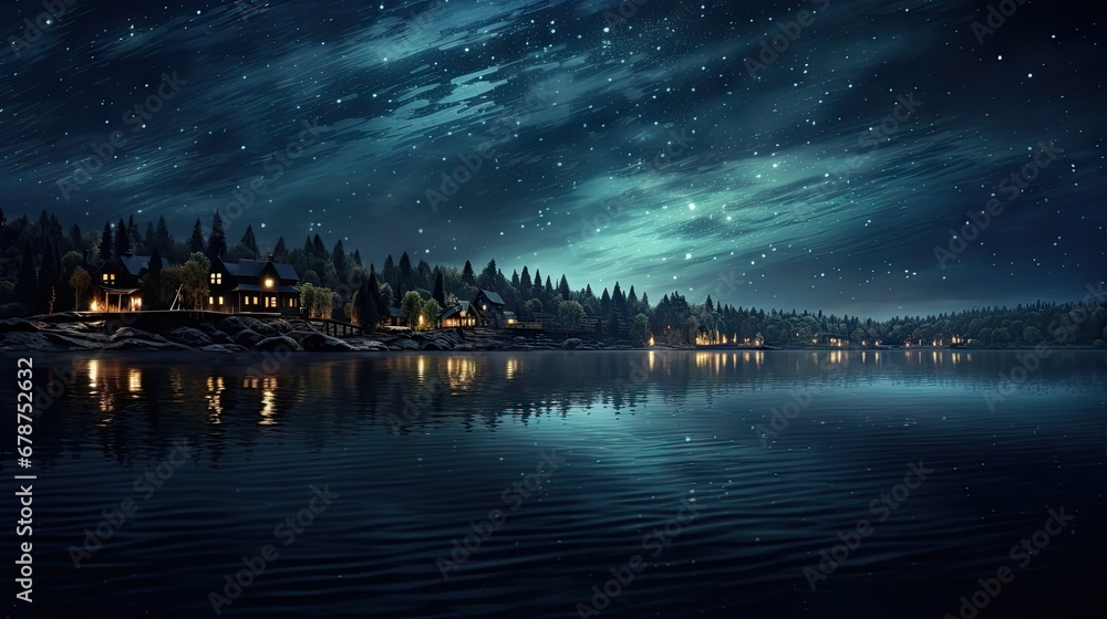  a night scene of a lake with a house on the shore and a lot of stars in the sky above the water and a lot of trees in the foreground.