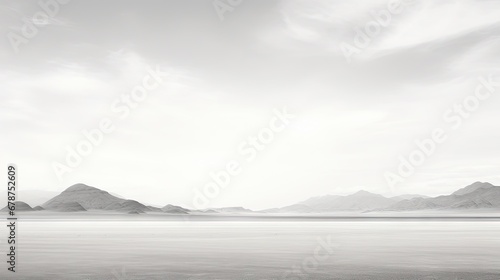  a black and white photo of a large body of water with mountains in the background and clouds in the sky over the water and in the water is a large body of water. © Shanti