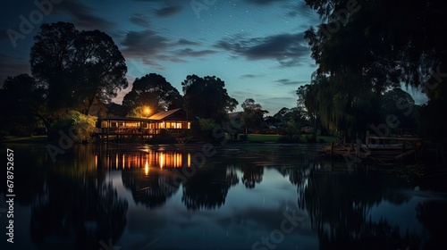  a large body of water at night with a house on the other side of the water and trees on the other side of the water and a few lights in the distance.