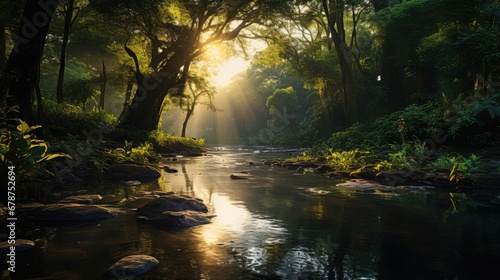  a stream running through a lush green forest filled with lots of trees and rocks on both sides of the stream  with the sun shining through the trees on the other side of the water.
