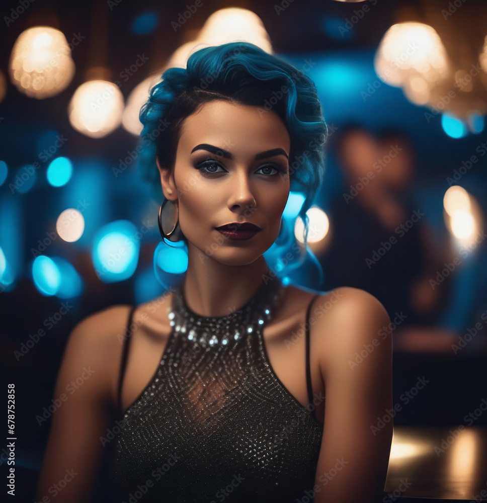 Portrait of beautiful blue haired woman in night bar Portrait of beautiful blue haired woman in night bar