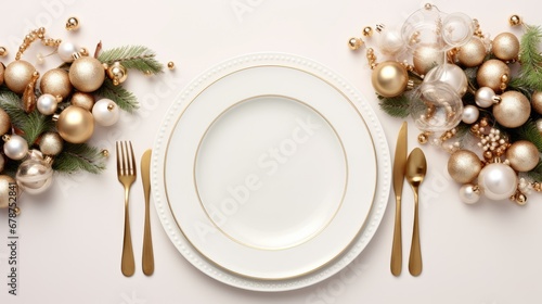  a white plate sitting on top of a white plate next to a fork and a knife and a plate with gold and silver decorations on top of a white table.