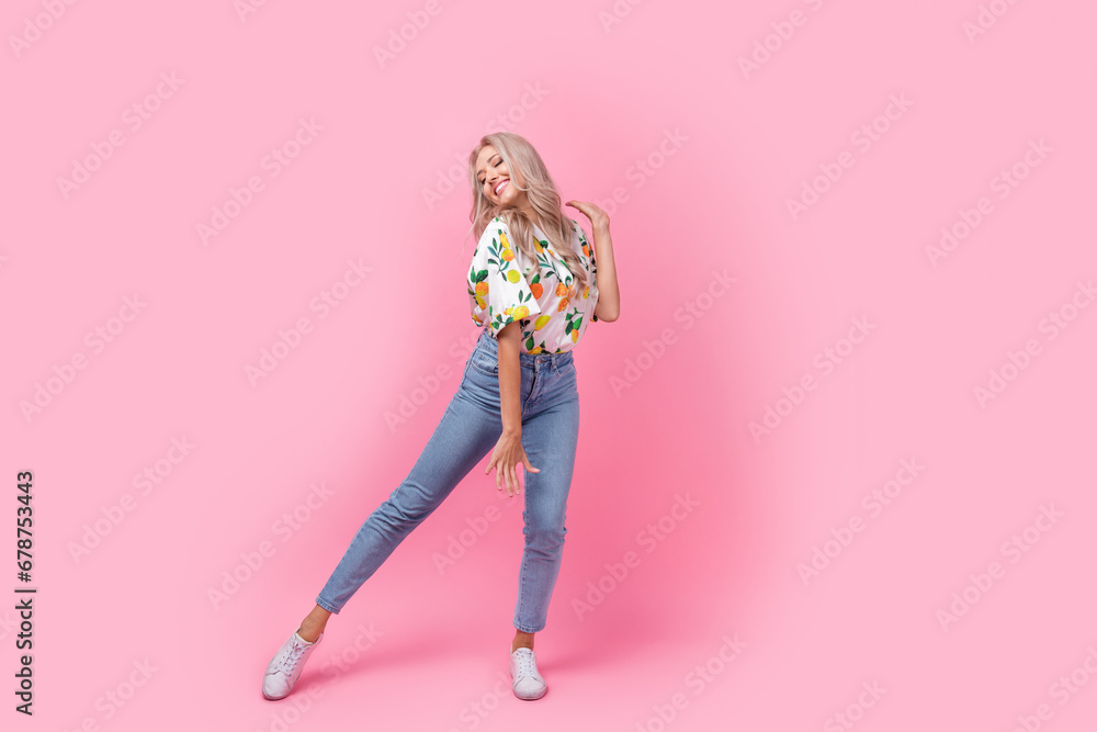 Full size body photo of dancing michael jackson moon walk young girlfriend blonde wavy hair feel pop star isolated on pink color background Full size body photo of dancing michael jackson moon walk young girlfriend blonde wavy hair feel pop star isolated on pink color background