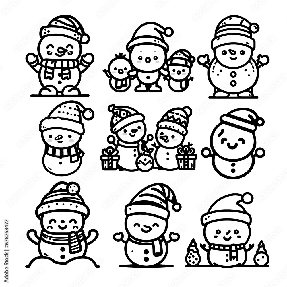 set icons of Christmas, line icons black and white with white background, illustration, Art, cute icon snow man. set icons of Christmas, line icons black and white with white background, illustration, Art, cute icon snow man.