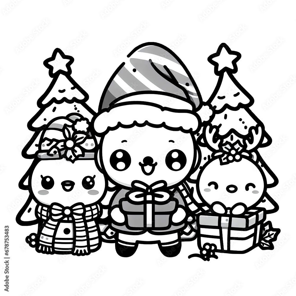cute cartoon of Christmas, line icons black and white with white background, illustration, Art, cute icon snow man. cute cartoon of Christmas, line icons black and white with white background, illustration, Art, cute icon snow man.