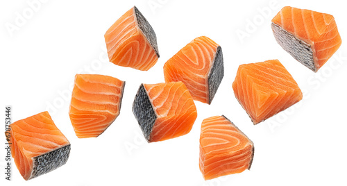 Salmon fillet cubes isolated on white background with clipping path