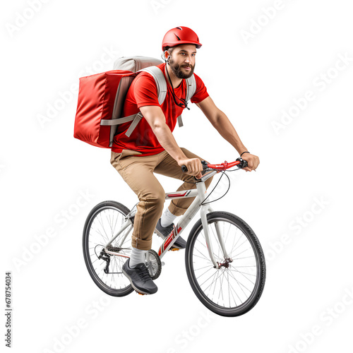 Bike messenger riding a bicycle on white background. photo