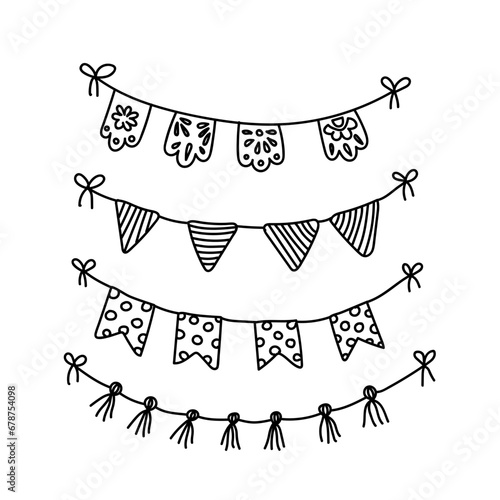 Garlands with tassels, flags doodle set. DIY holiday garland. Home party decoration. Vector hand drawn illustration isolated