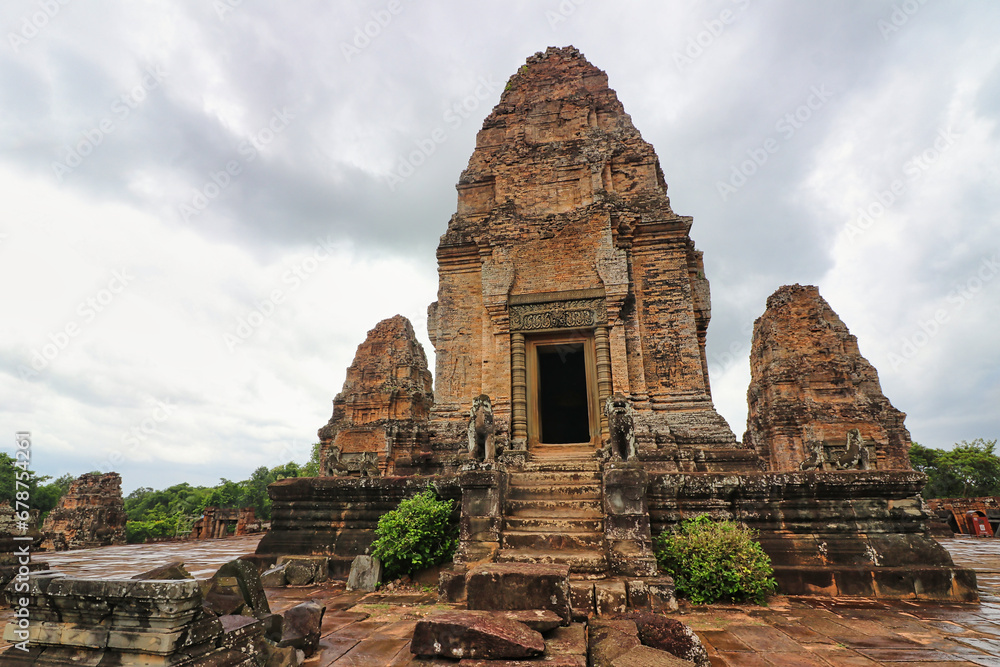 East Mebon - 10th century classical Khmer pyramid temple complex built by Rajendravarman in red sandstone at Siem Reap, Cambodia, Asia