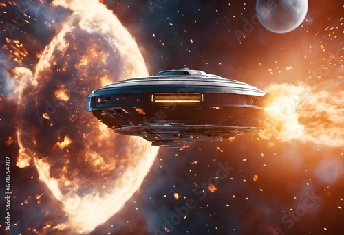 AI generated illustration of a spaceship soaring past a planet engulfed in an explosion of fire