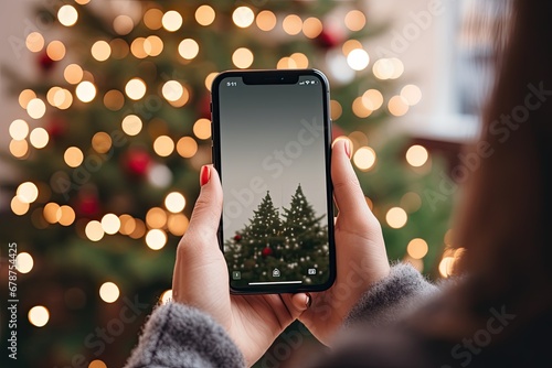 Hand holding smartphone with Christmas tree lights bokeh background.