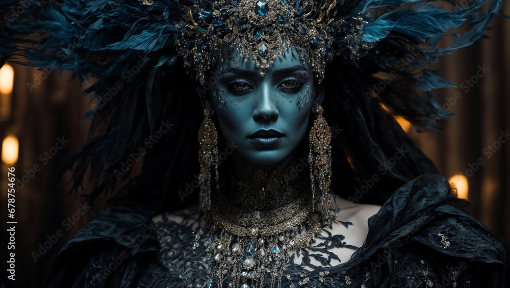 A witch showcasing her unique style with blue makeup and a feathered headpiece. A witch showcasing her unique style with blue makeup and a feathered headpiece.