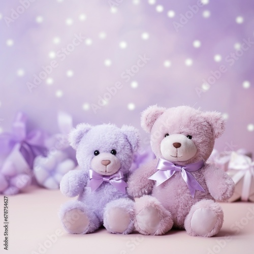 pastel violet background template with 2 teddy bears , AIgenerated 