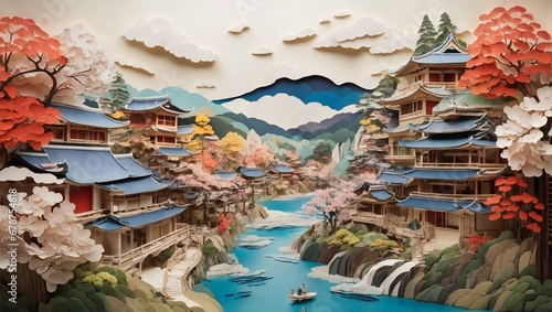aper art depicting a serene river flowing through a cityscape of buildings.