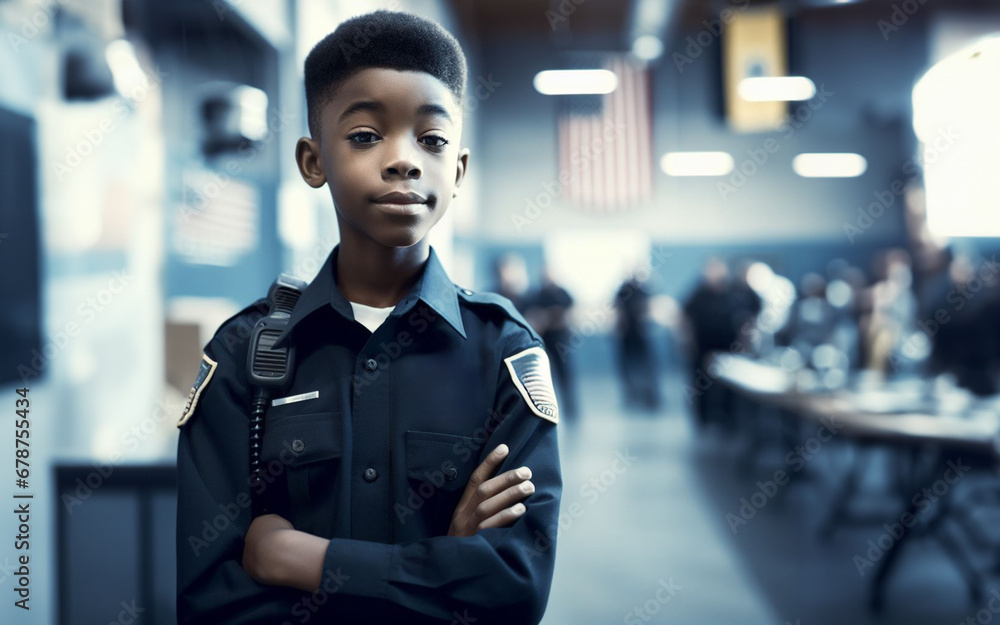 10 Year Old Boy Wearing Police Uniform Police Station Background 