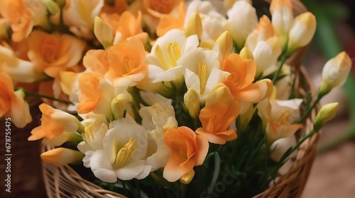 Beautiful Freesia Flowers. Spring Flowers. Freesia. Springtime Concept. Mothers Day Concept with a Copy Space. Valentine's Day.