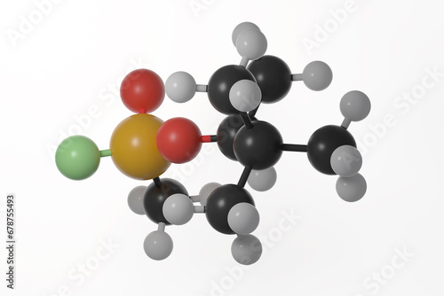 Ball and stick model of soman molecule against a white background.