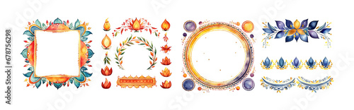 Watercolor diwali frame border ornament set. Hand drawn isolated on transparent background. photo