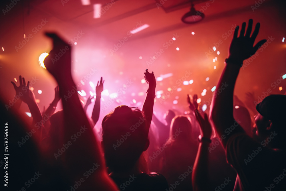 Some people at a music concert lifting their hands in light. Some people at a music concert lifting their hands in light.